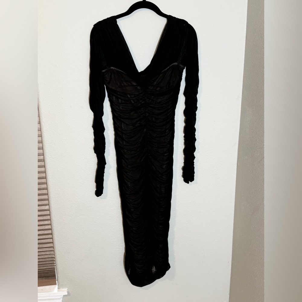 Fashion Nova Black Off-Shoulder Ruched Sheer Midi Dress - Picture 3 of 5